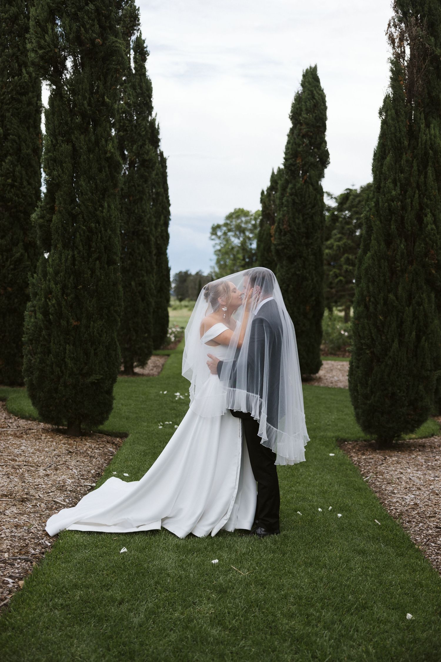 Romantic wedding couple shares tender moment under veil between rows of towering cypress trees.
