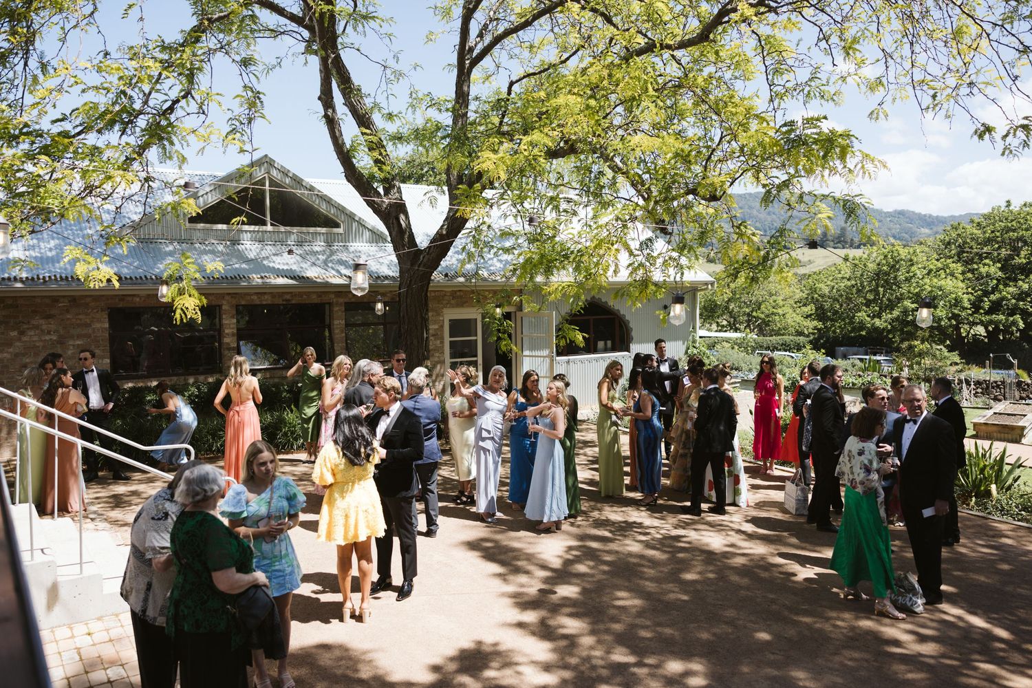 A sunny outdoor gathering on a patio surrounded by lush gardens and trees.