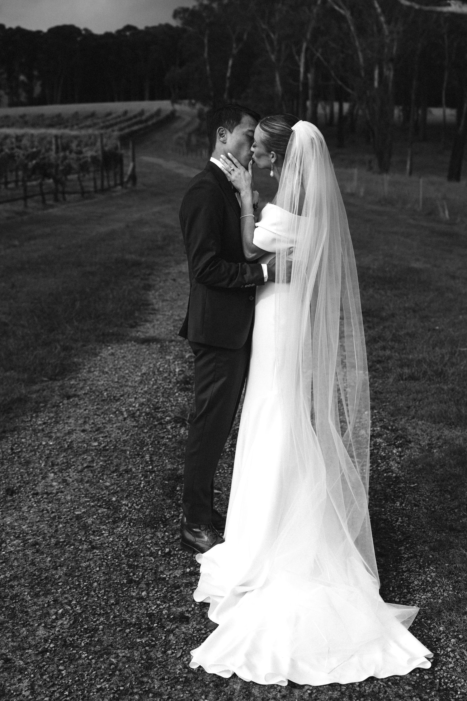 Black and white portrait of couple sharing intimate moment with bride's veil flowing in outdoor setting.