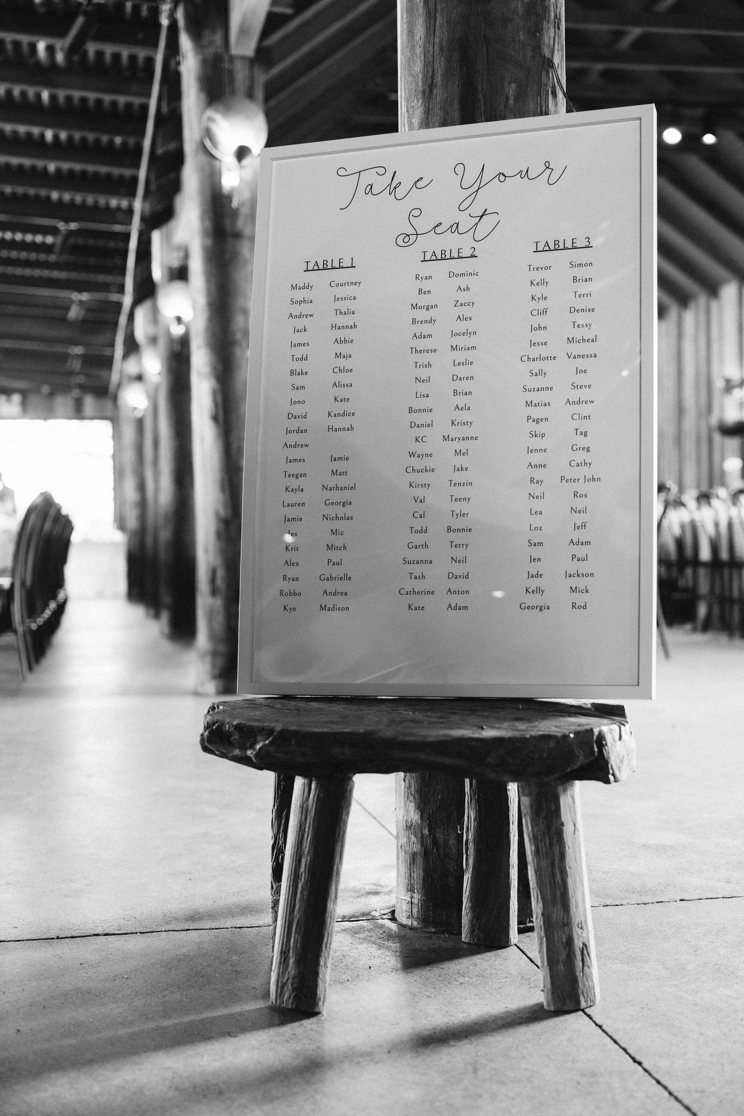 Black and white seating chart displayed on rustic wooden stand in vintage reception venue.