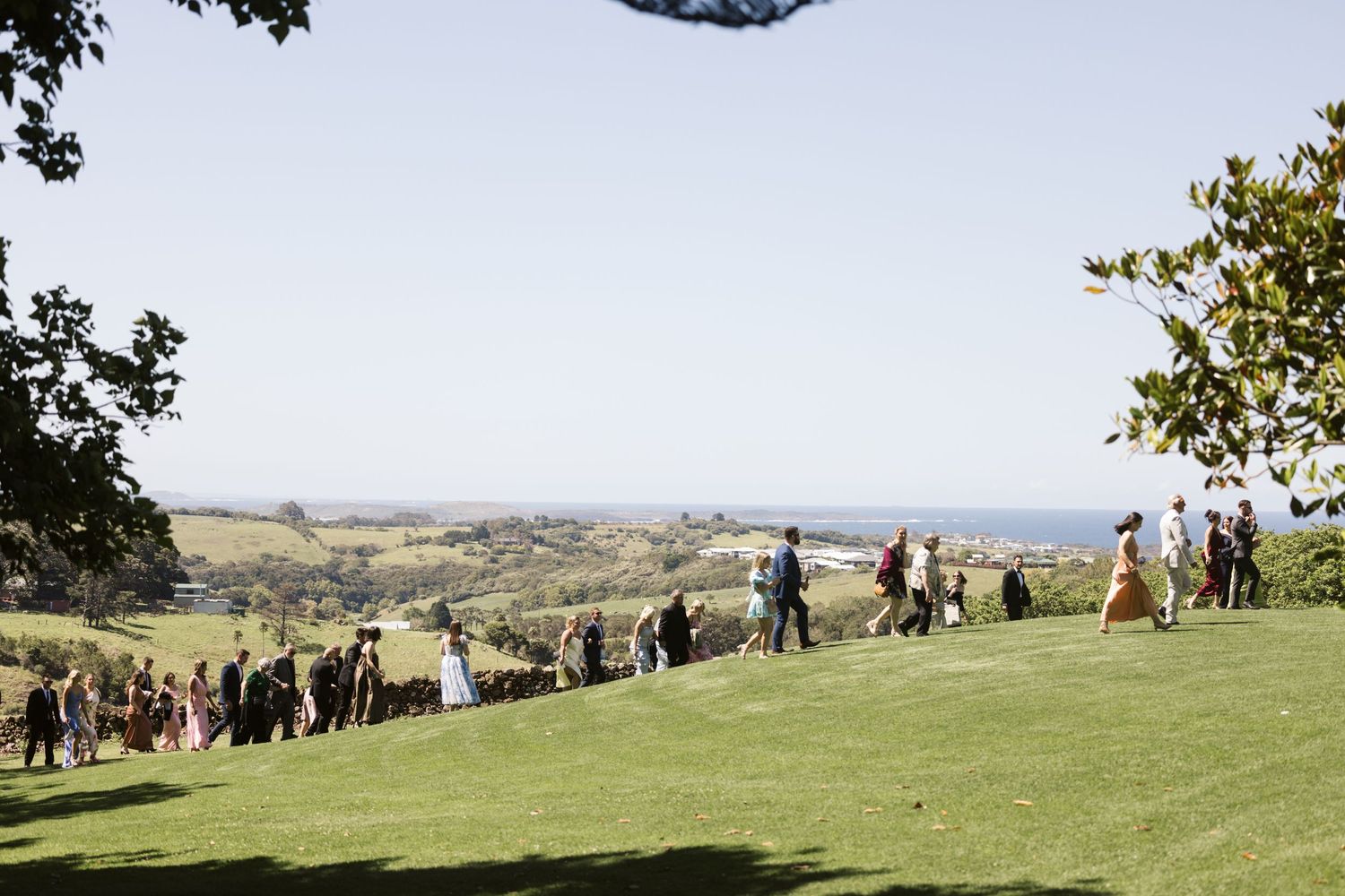 Wedding guests gather on a hillside overlooking a scenic valley landscape.