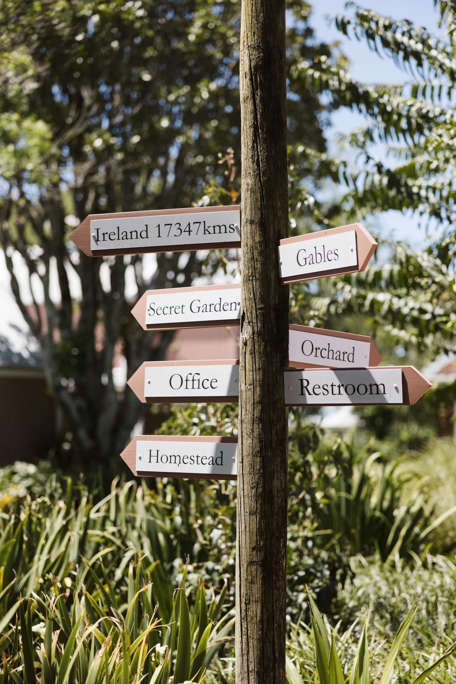 A charming directional sign post with multiple arrows pointing to various garden areas and Ireland.