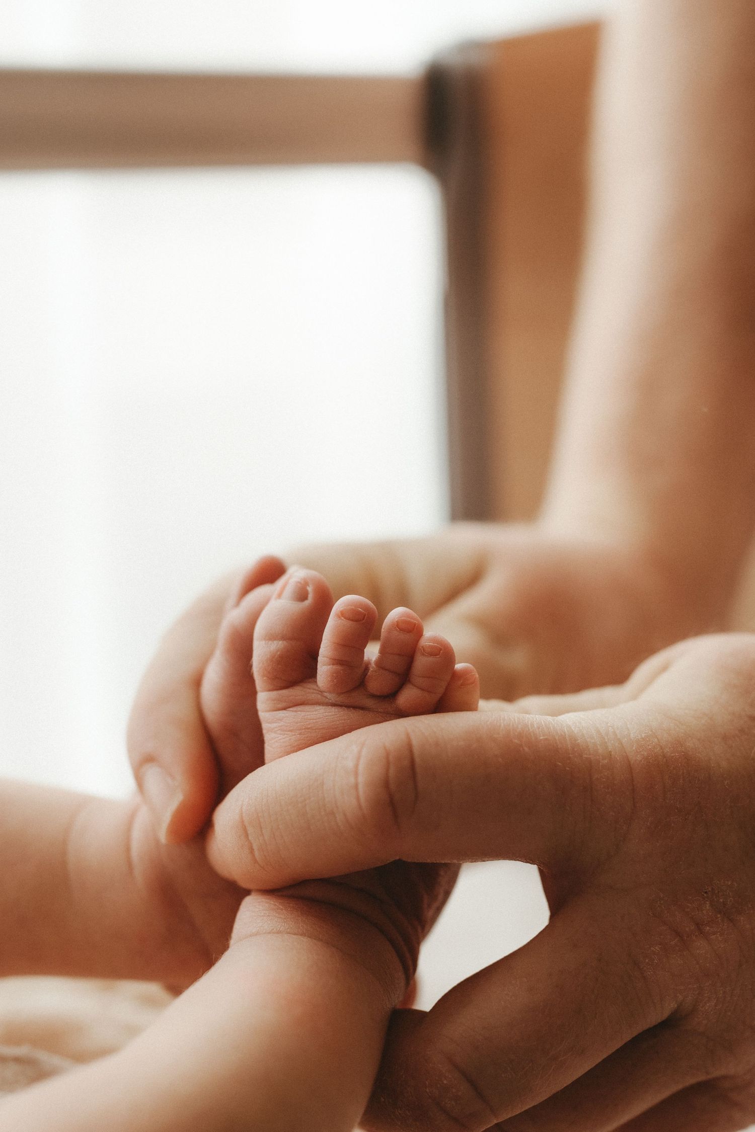 Close-up of a parent gently holding a newborn baby's tiny feet.