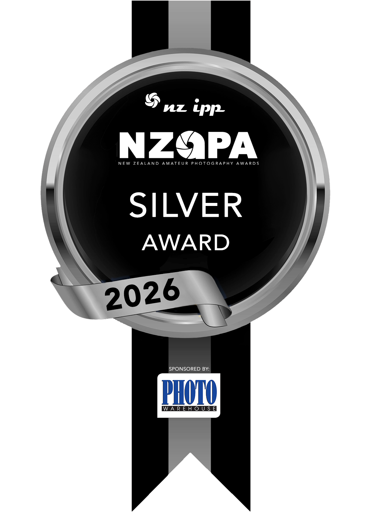 NZOPA Silver Award 2026 medal sponsored by Photo Warehouse, presented by NZ IPP New Zealand Amateur Photography Awards.