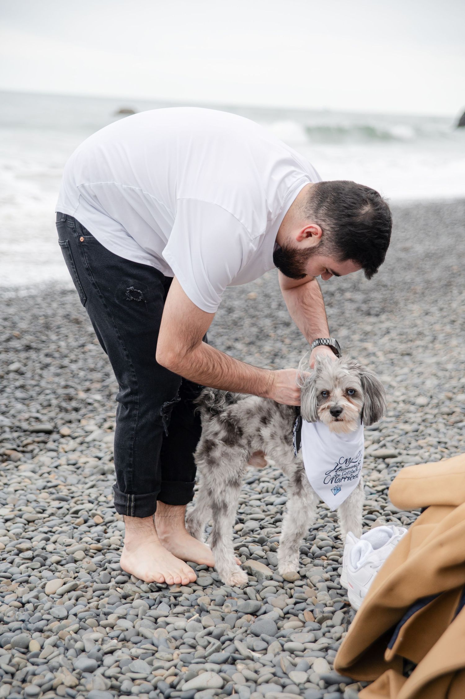 Man on rocky beach adjusting a bandana on his small gray and white mixed breed dog near the ocean.