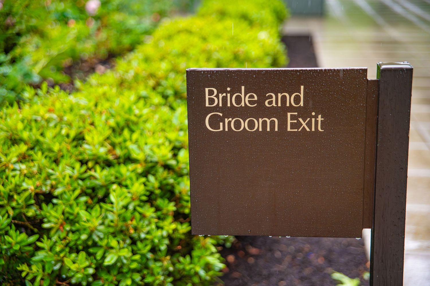 Brown directional signs for bride and groom exits surrounded by green foliage.