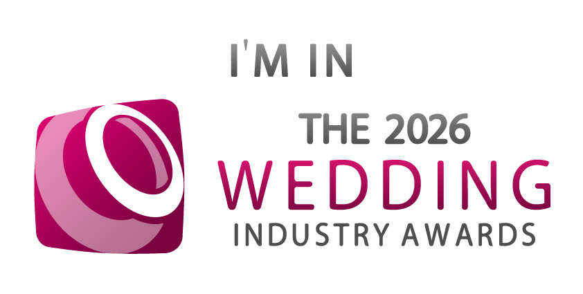 Pink circle logo with text stating 'I'M IN THE 2026 WEDDING INDUSTRY AWARDS' against black background.