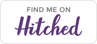 A white and purple 'Find Me on Hitched' logo button design against a white background.