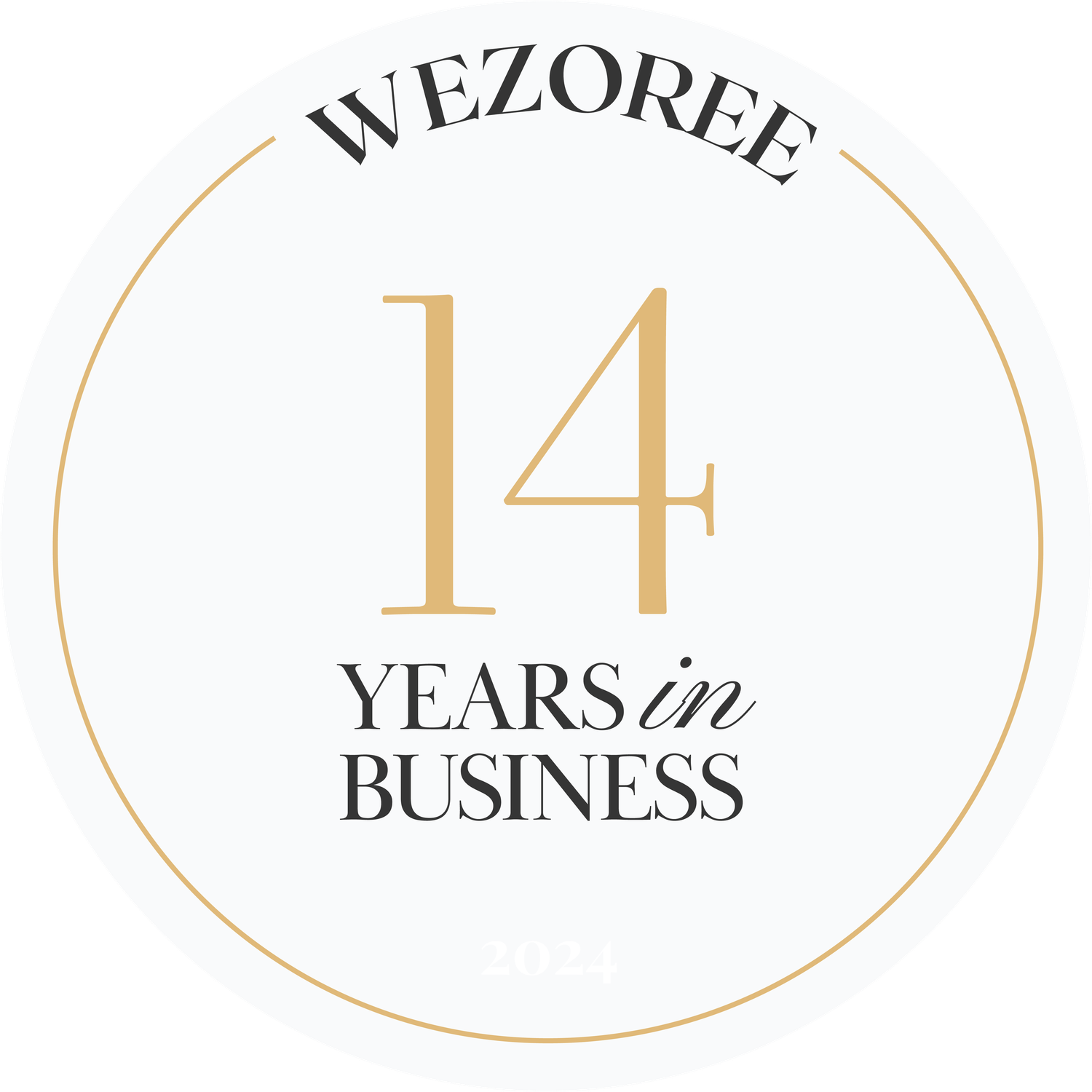 Gold circular badges showing business anniversary milestones with numbers 14, 11, and 12 years.