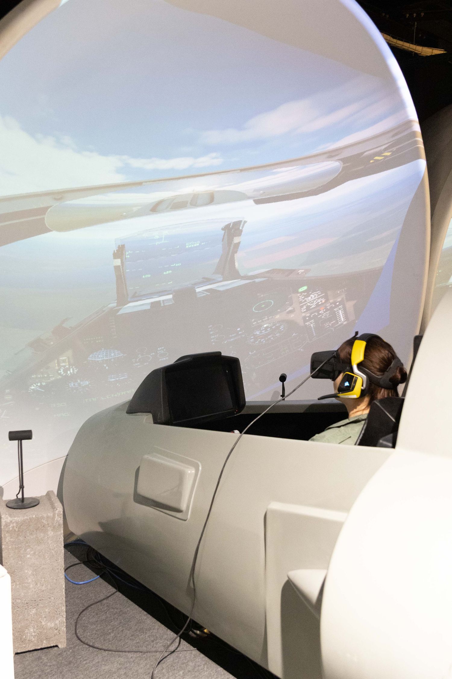 Flight simulator pod with panoramic view screen showing aerial landscape.