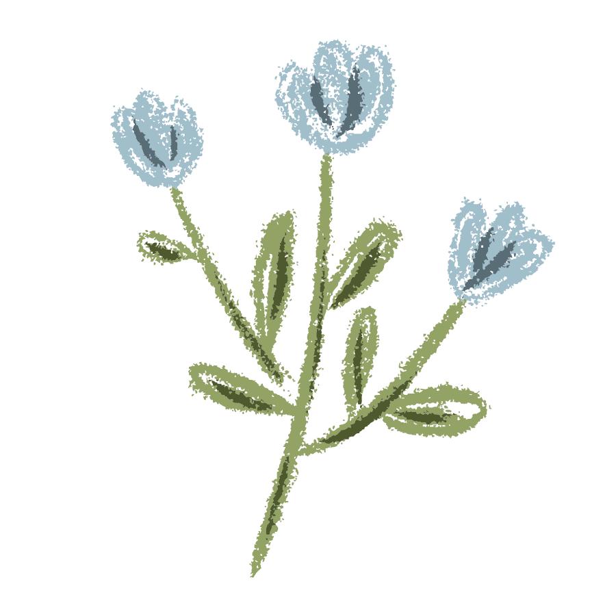 Delicate hand-drawn blue tulip flowers on green stems with leaves, soft pastel watercolor botanical illustration.