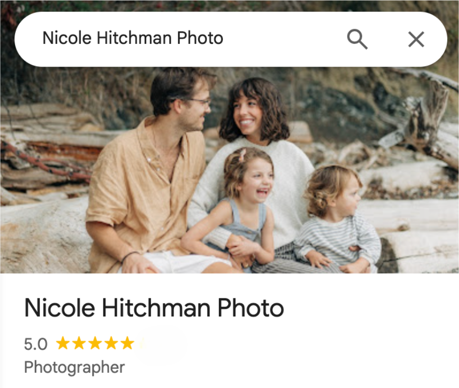 A modern photographer's website header design showing a search bar and rating display on a clean white background.