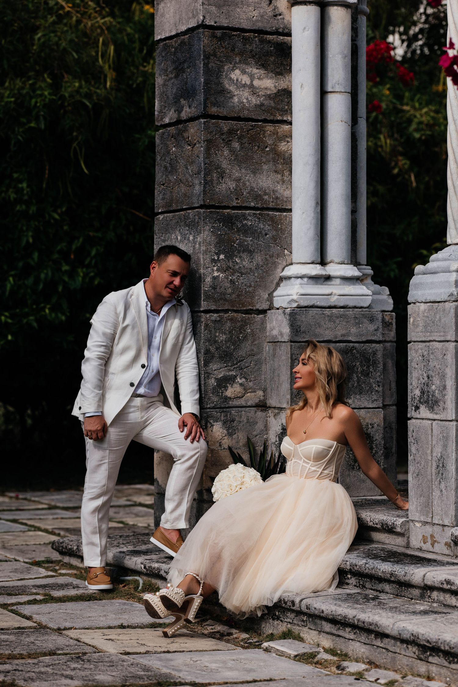 Luxury bride and groom portraits at the Cloisters, Ocean Club Bahamas