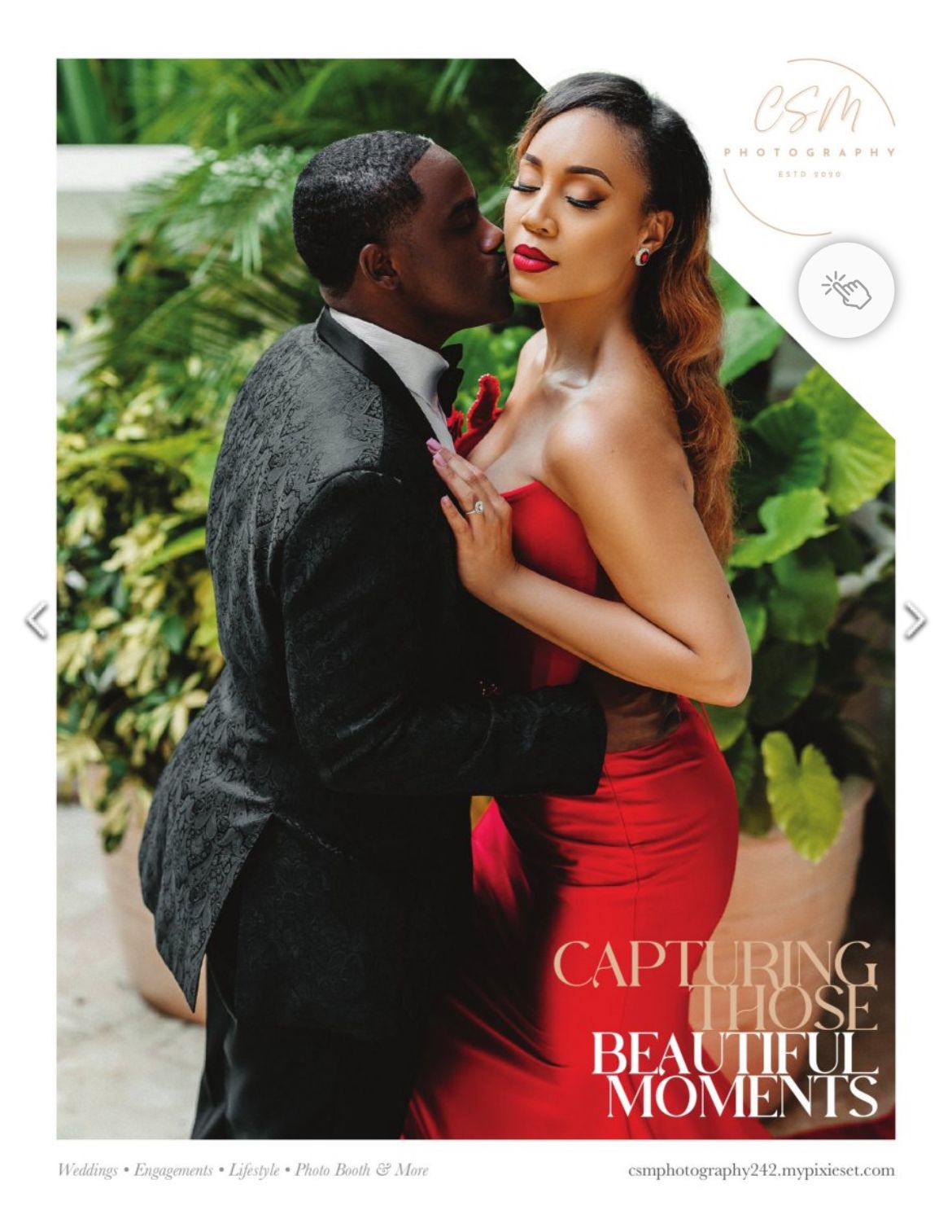 Elegant engagement photo of couple with text overlay capturing magic moments.