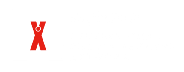 White professional photographers network logo with X icon against black background.