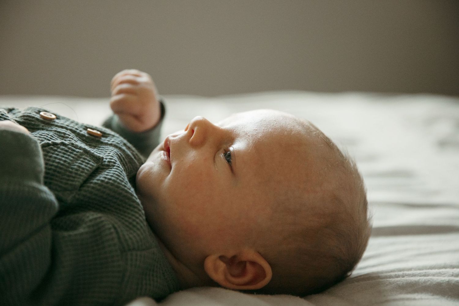 Profile view of sleeping newborn captured in soft natural light.