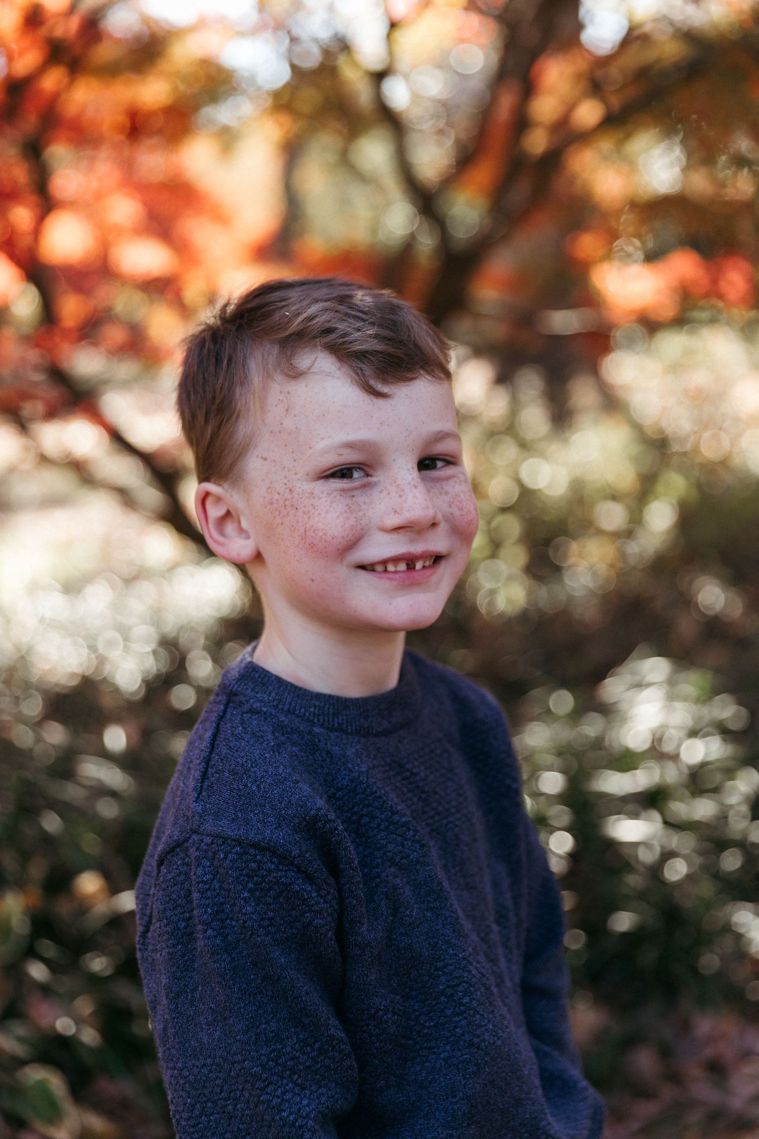 An autumn portrait of a young boy in a navy sweater with fall foliage in the background.