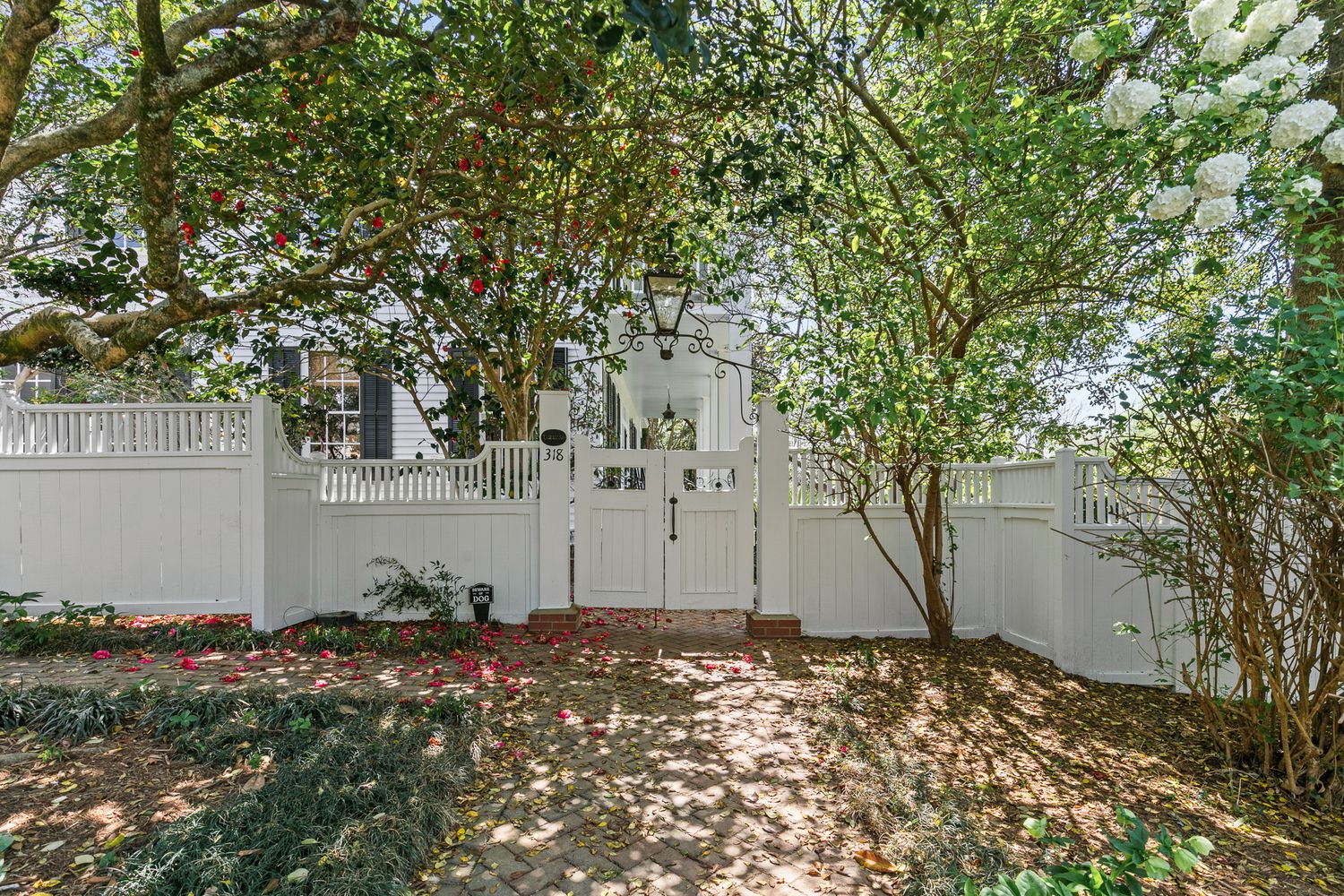 White picket fence and gate surrounded by lush green trees and shrubs in a serene residential garden setting.