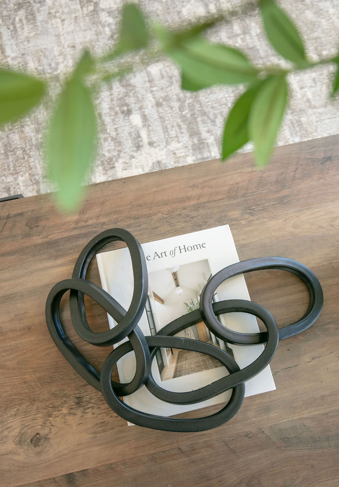 Dark metal abstract knot sculpture resting on an art book atop a wooden table with green leaves in foreground.