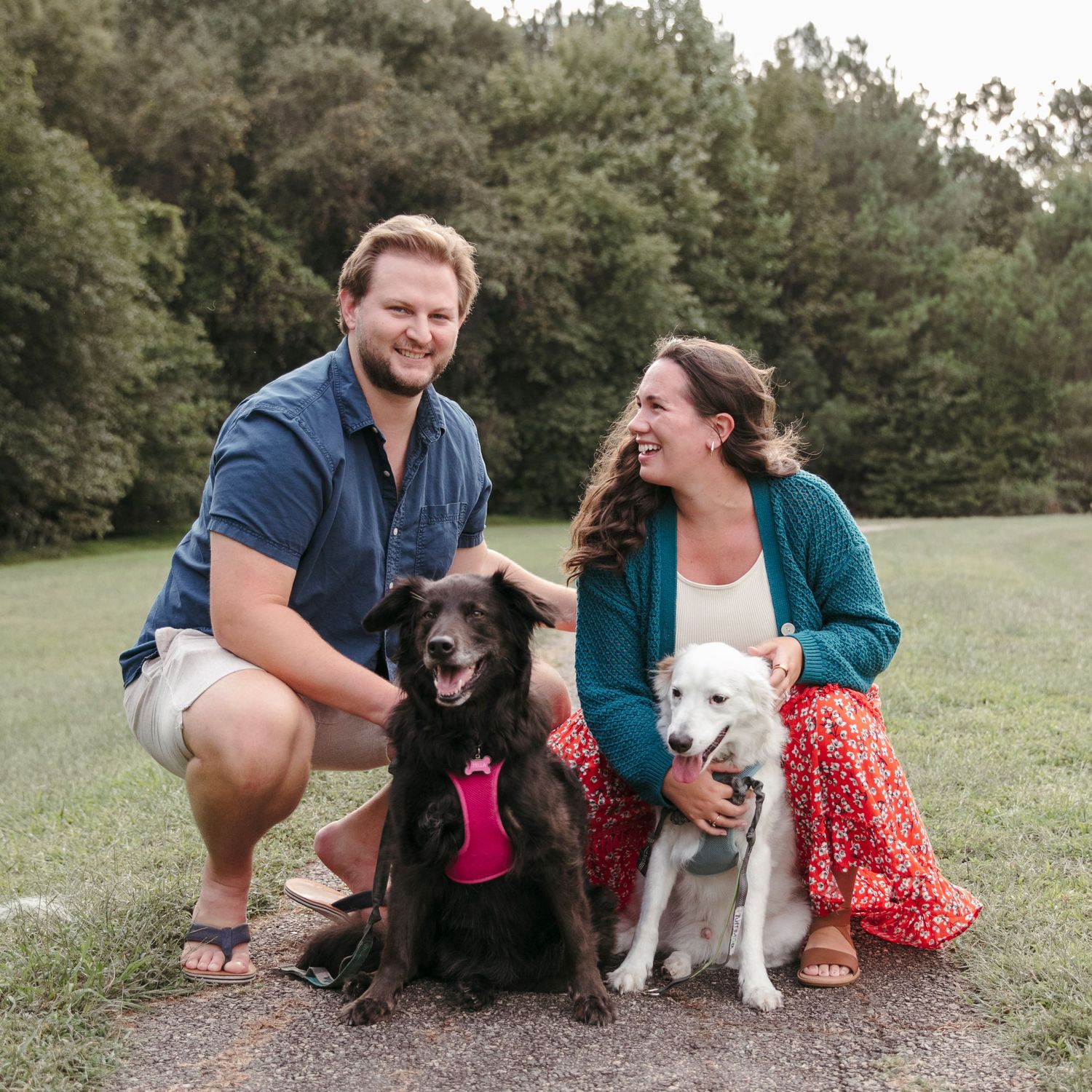 Couple sitting outdoors with their two happy dogs on leashes.