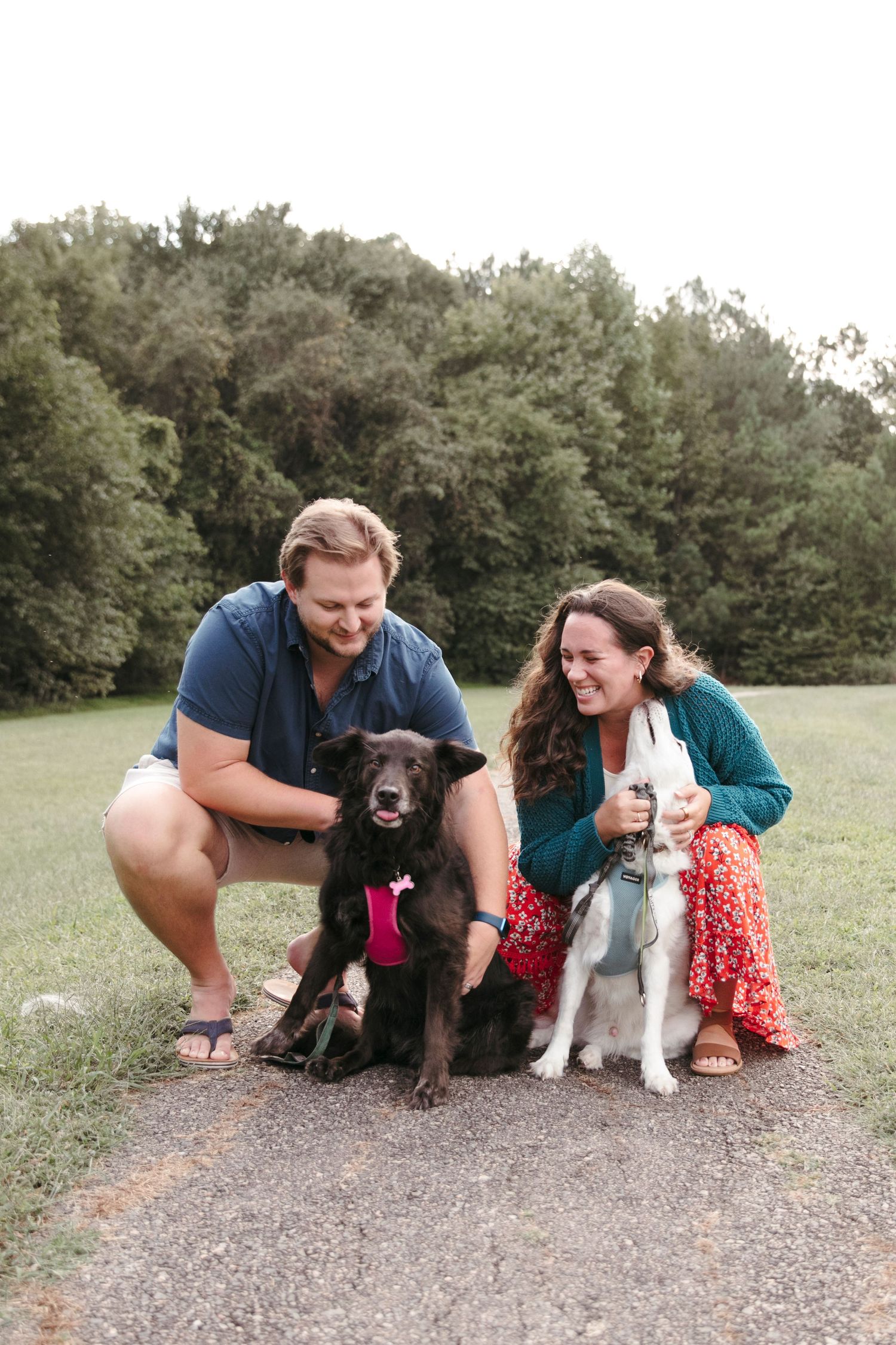 Happy couple poses with their two dogs, one black and one white, on a nature trail.