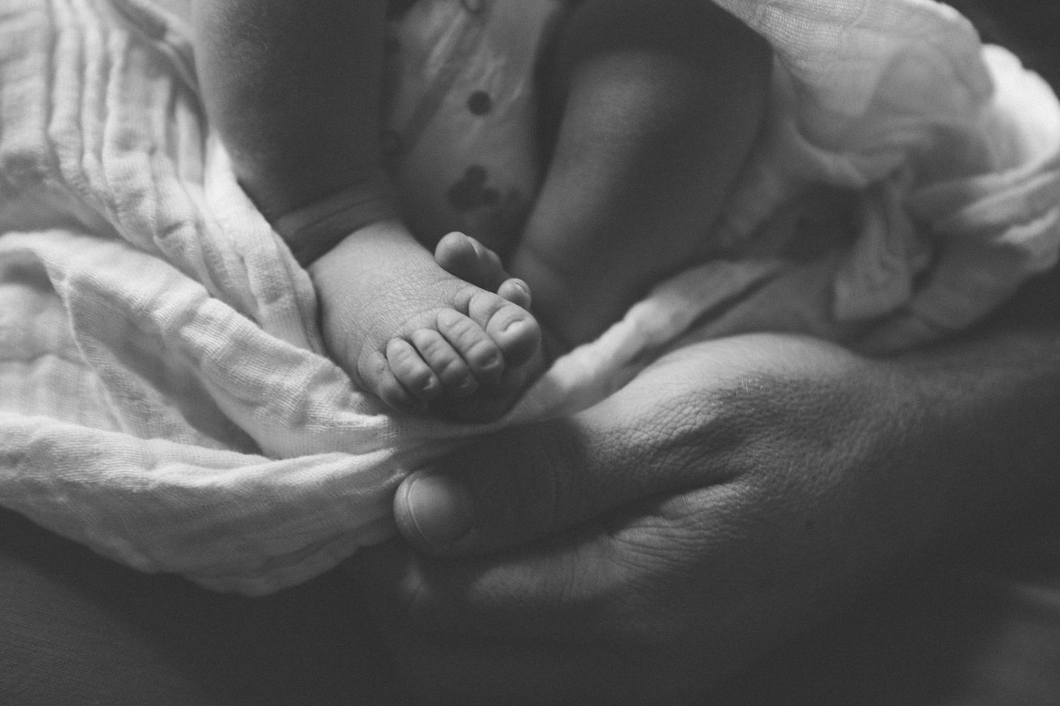 Black and white close-up of tiny baby feet being held tenderly.