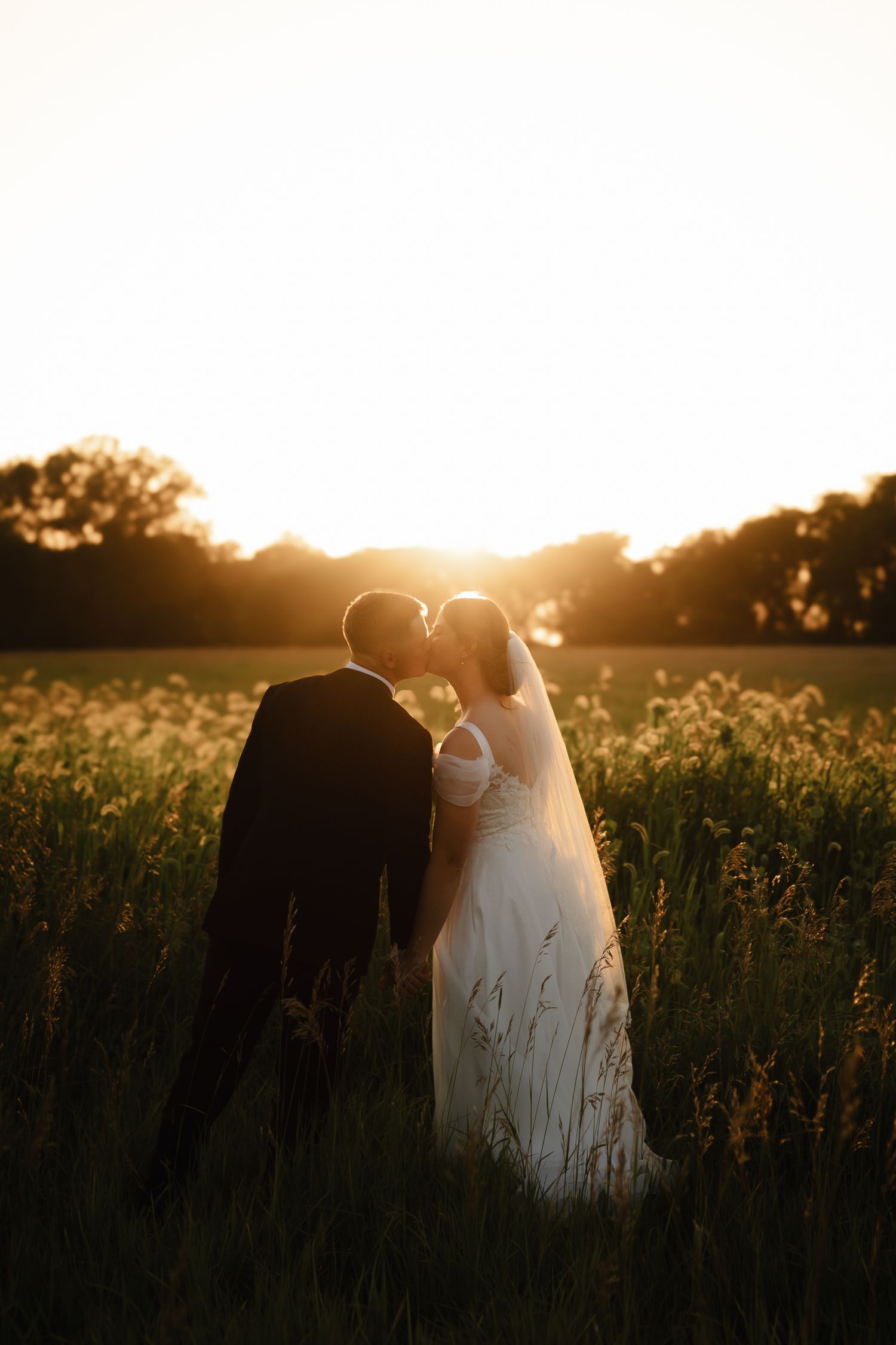 Bride and groom kissing at sunset in a golden field with glowing backlight.