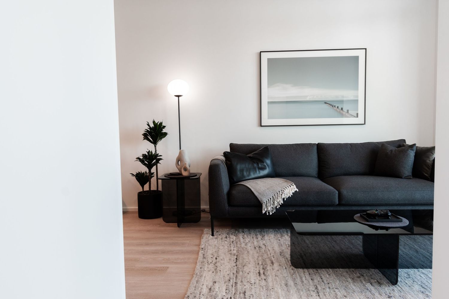 Modern living room with dark gray sofa, coffee table, floor lamp, and framed coastal artwork on white walls.
