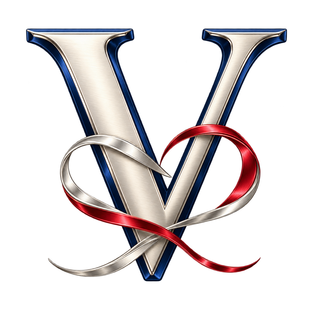 Classic silver and navy letter V monogram with intertwined red and silver ribbon decoration.