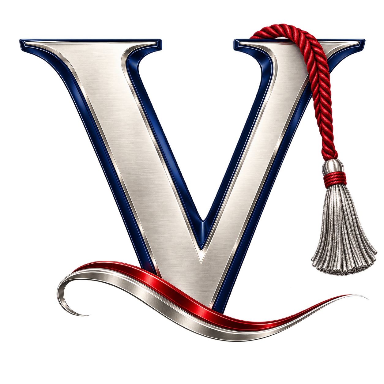 Elegant silver and navy letter V with decorative red tassel and flowing ribbon accent.