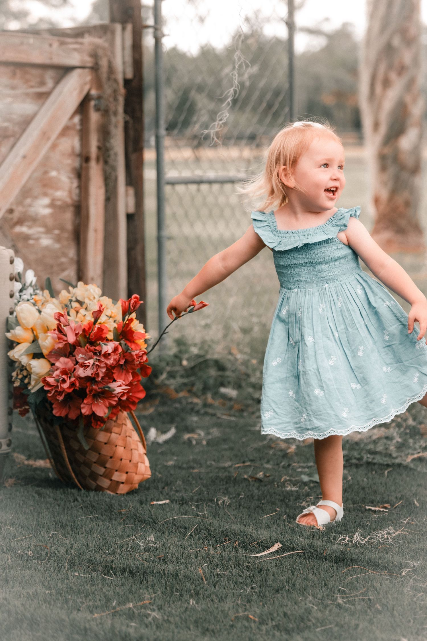 Adorable blonde toddler girl in blue dress pulling a basket of colorful flowers outdoors.