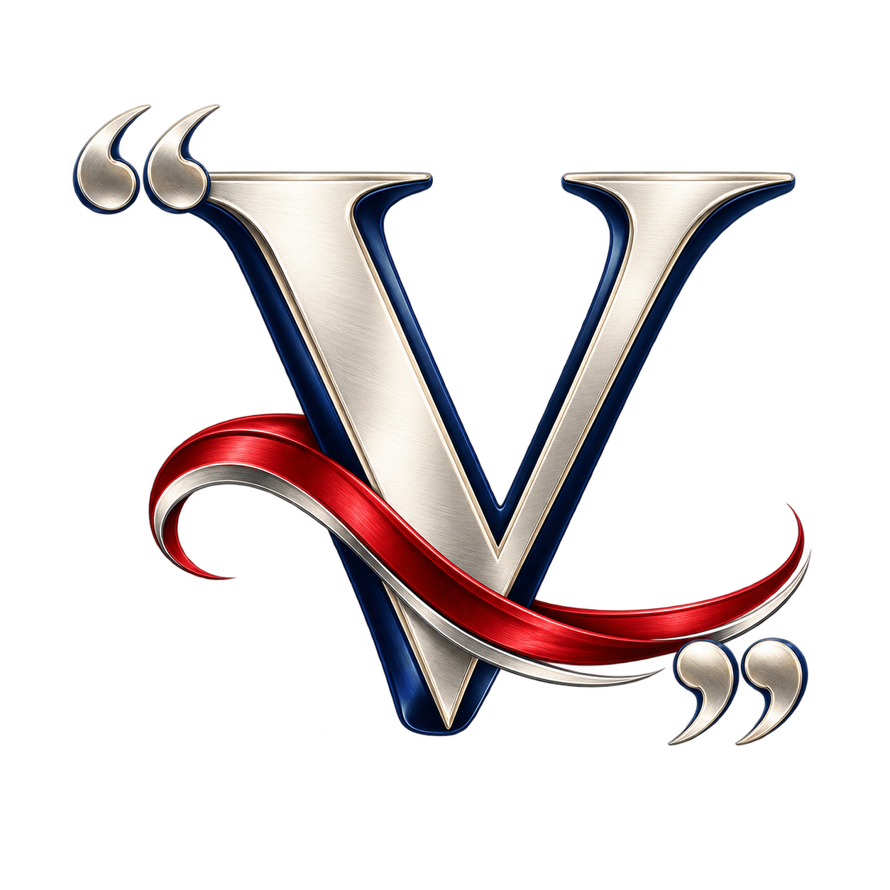 Ornate silver and navy letter V with red ribbon accent and quotation mark embellishments.