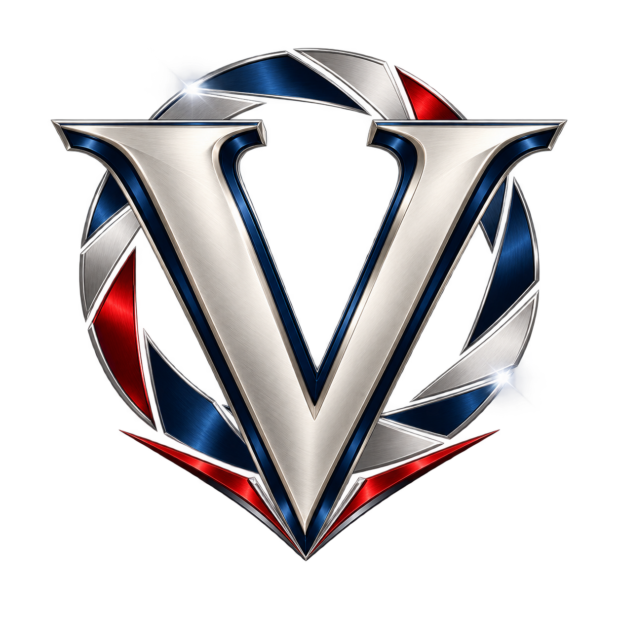 3D metallic silver letter V emblem with red, white, and blue geometric shield background.