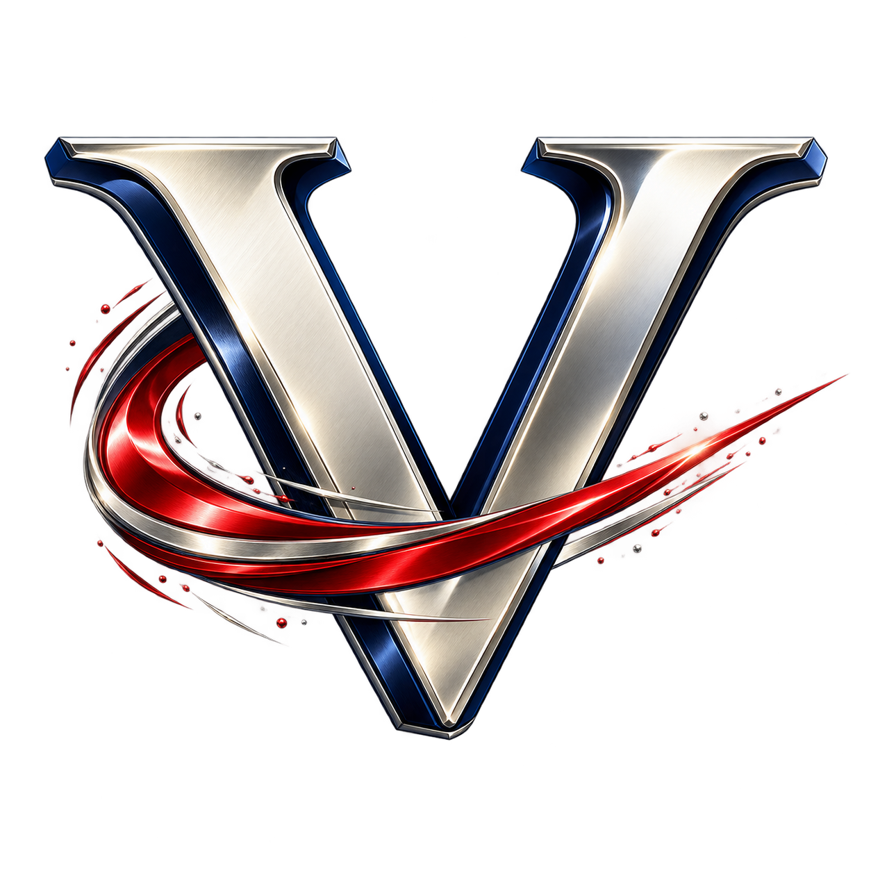 Bold metallic silver letter V logo with dynamic red and blue swoosh design element.