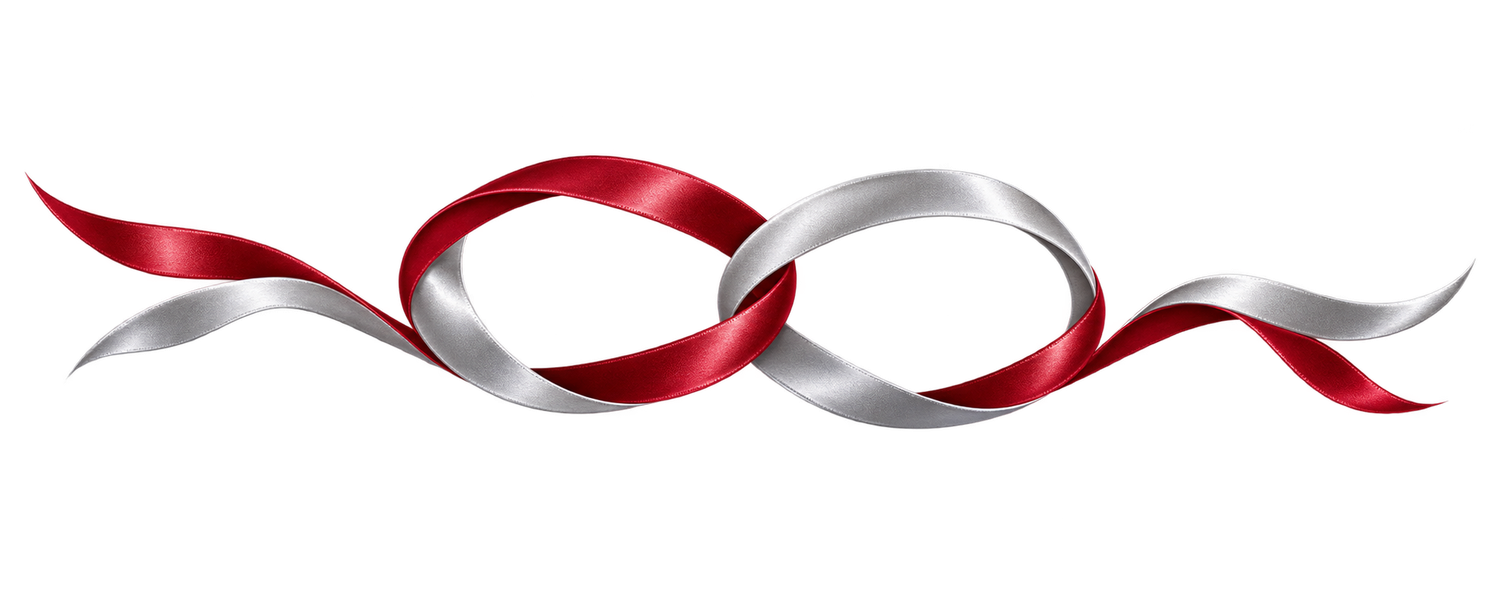 Elegant red and silver intertwined ribbon forming a decorative infinity loop design on white background.