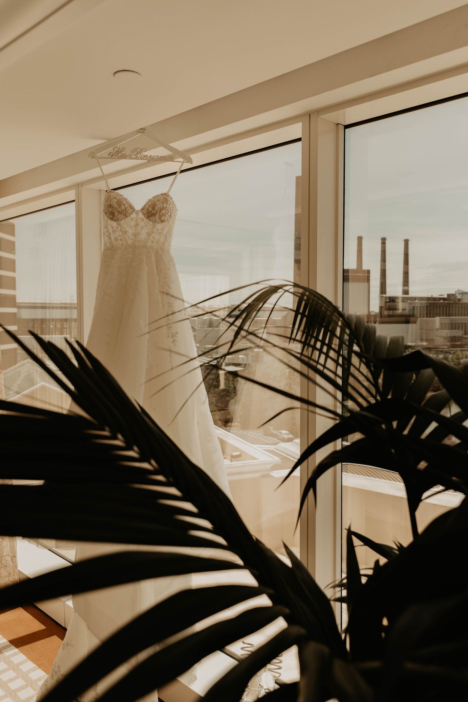 Wedding dress hanging in window with palm fronds silhouetted in foreground.