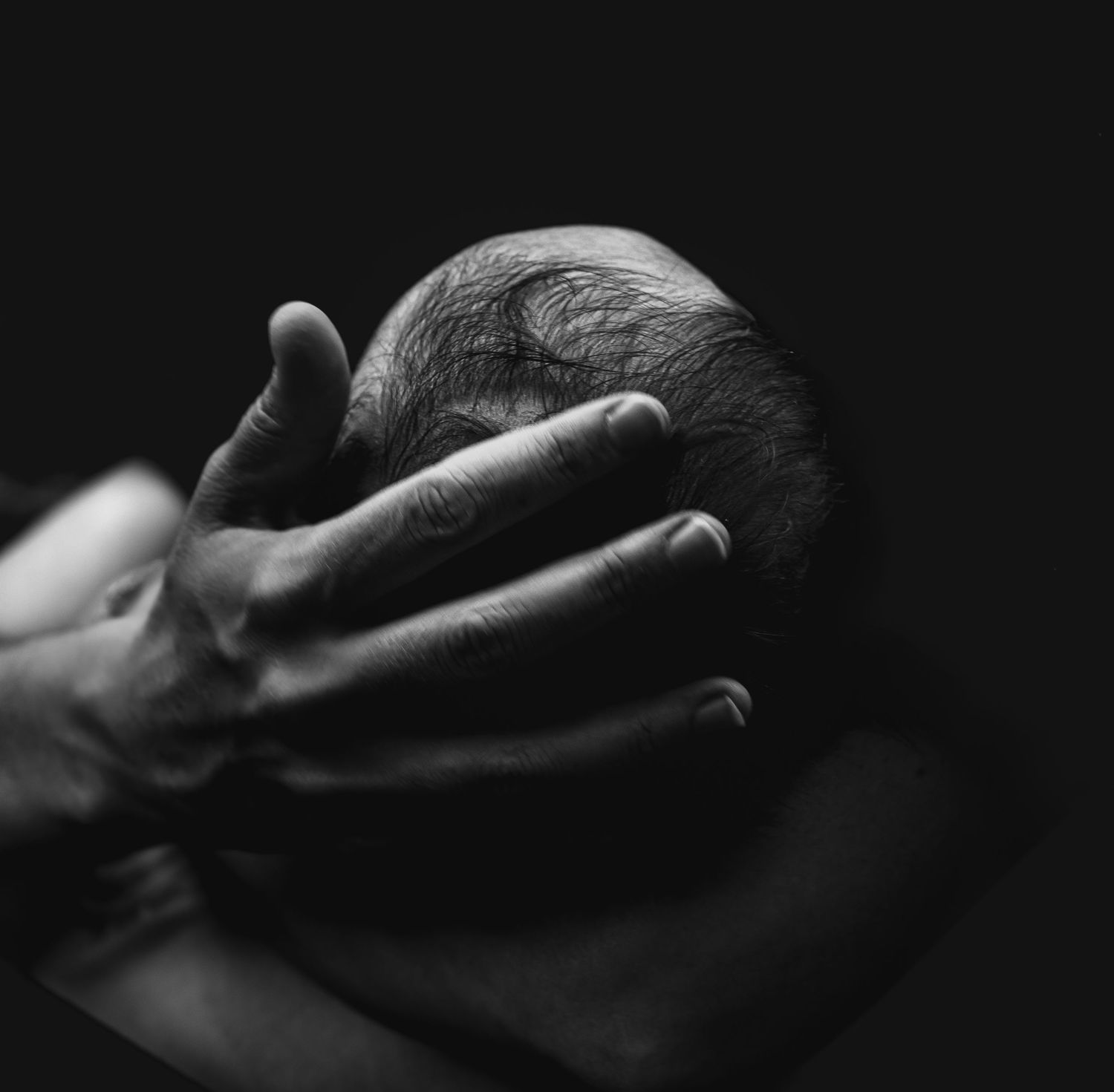 main sur la tête de bébé noir et blanc constate