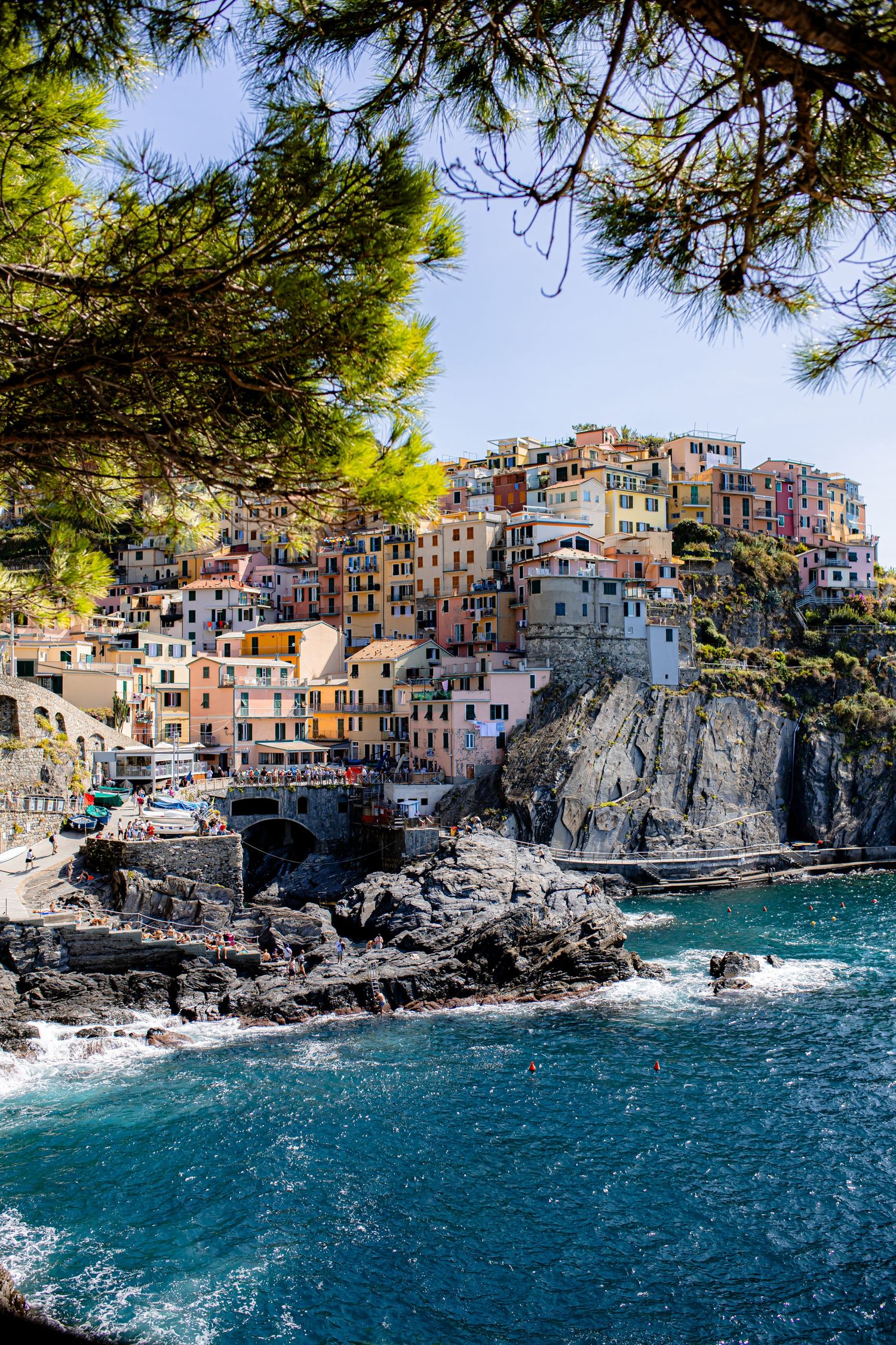 Colorful coastal buildings of Manarola perched on cliffs above turquoise Mediterranean waters in Cinque Terre, Italy.