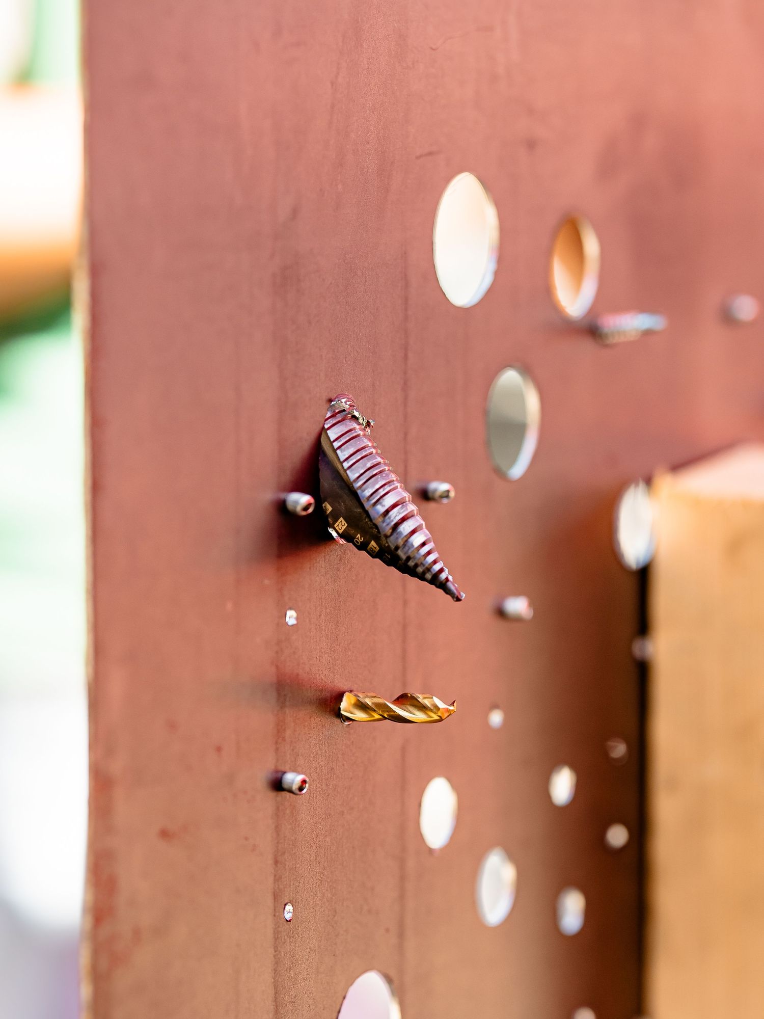 Close-up of a purple millipede on a reddish-brown perforated surface.