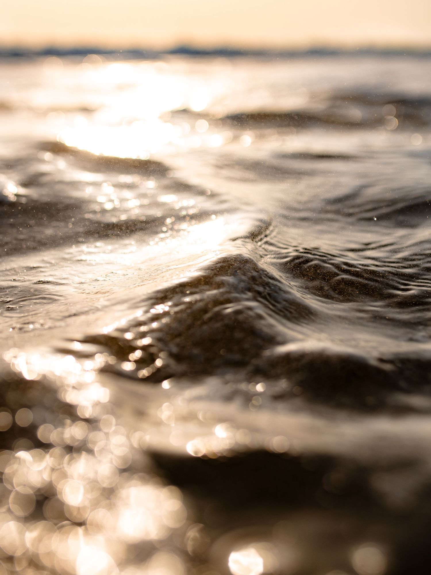 Close-up of dark rippling ocean water with golden sunlight reflections creating a moody seascape at sunset.