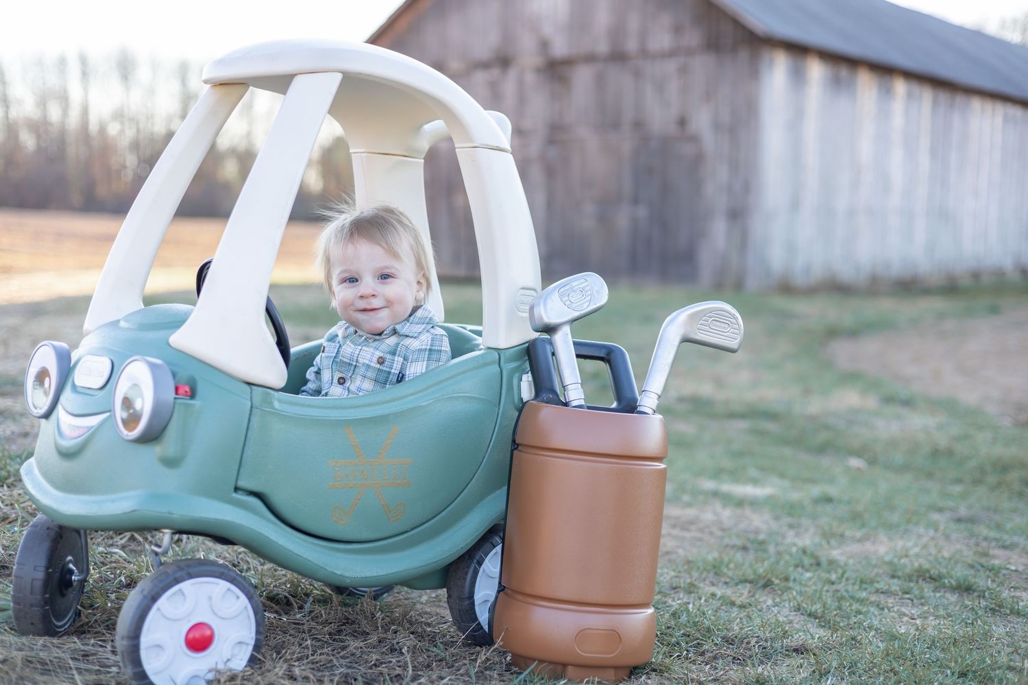 Little Tykes plastic cozy coupe toy car photographed from multiple angles outdoors on grass and pavement.