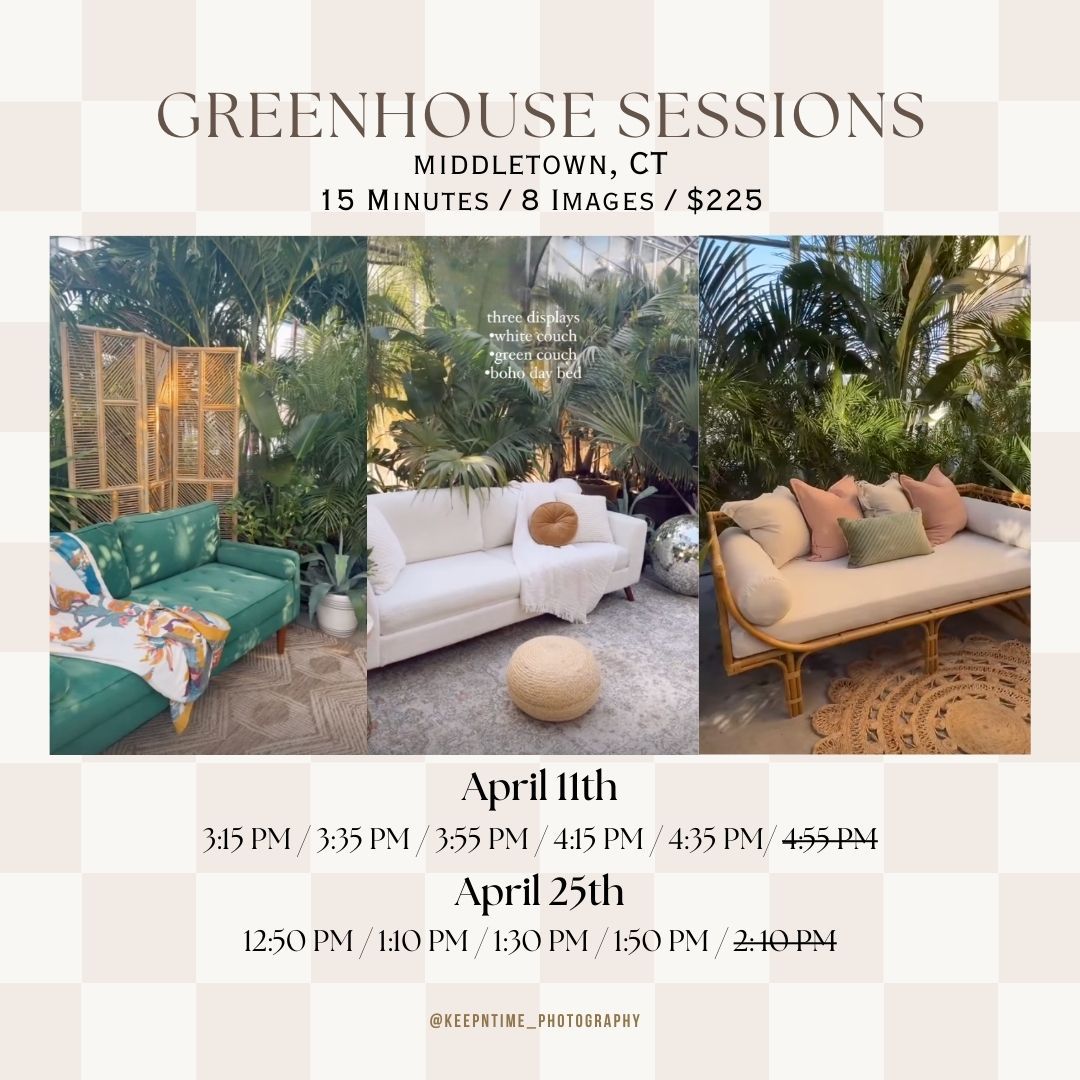 Photography session advertisement showing outdoor greenhouse settings with seating areas and decorative elements.