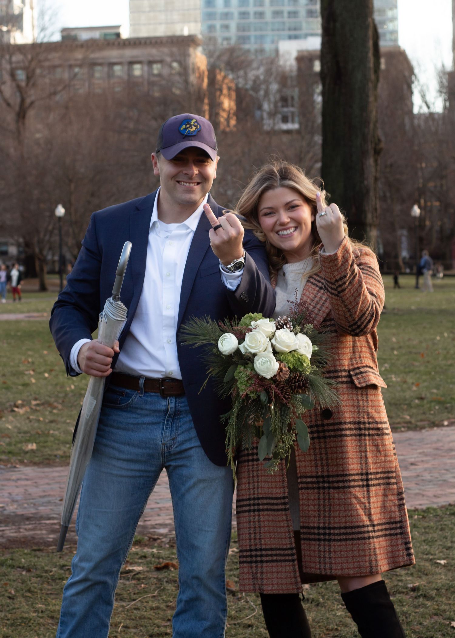 Four cropped candid photos show two people in jeans and brown plaid smiling together in a park setting.