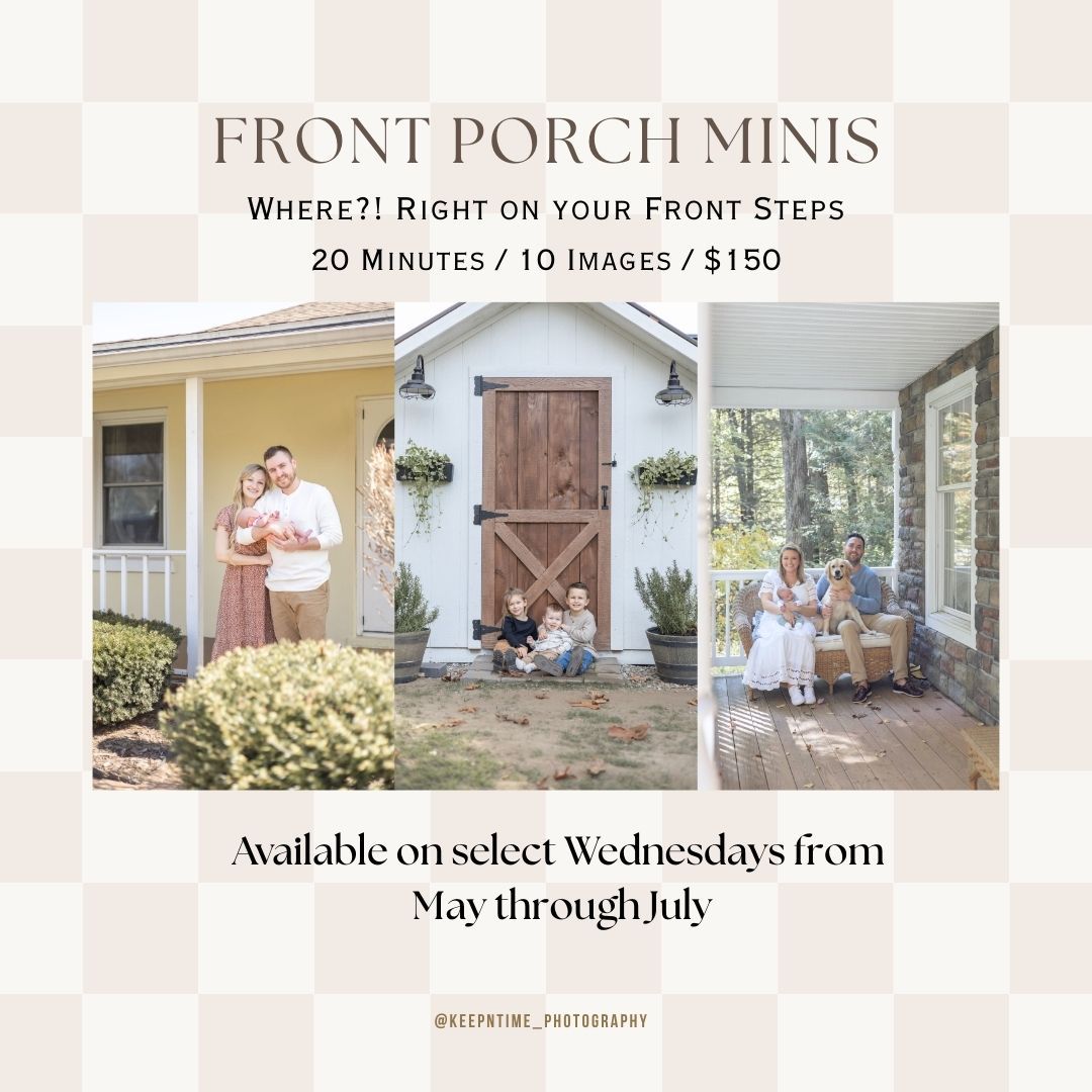 A series of soft pink and white promotional images for front porch mini photography sessions with outdoor home settings.