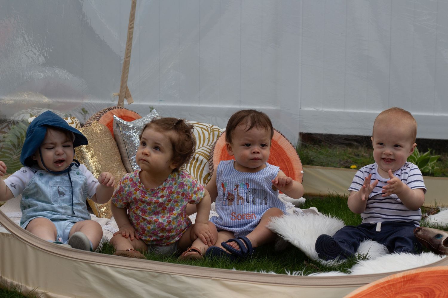 A heartwarming collection of babies and toddlers sitting together and playing in various indoor and outdoor settings.