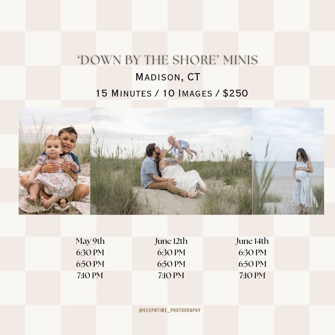 Beachside photography session advertisement showing times and dates for summer mini sessions at Madison, CT shore.