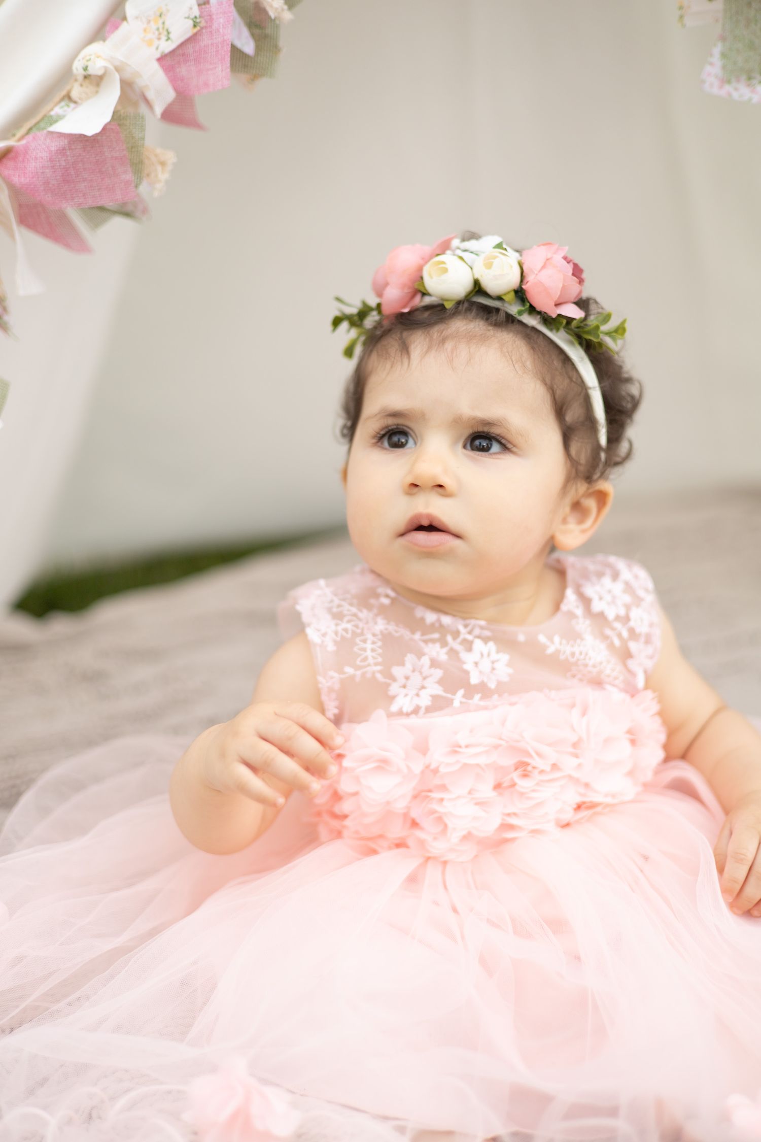 A baby in a pink tulle dress and floral headband sits on a light colored background.