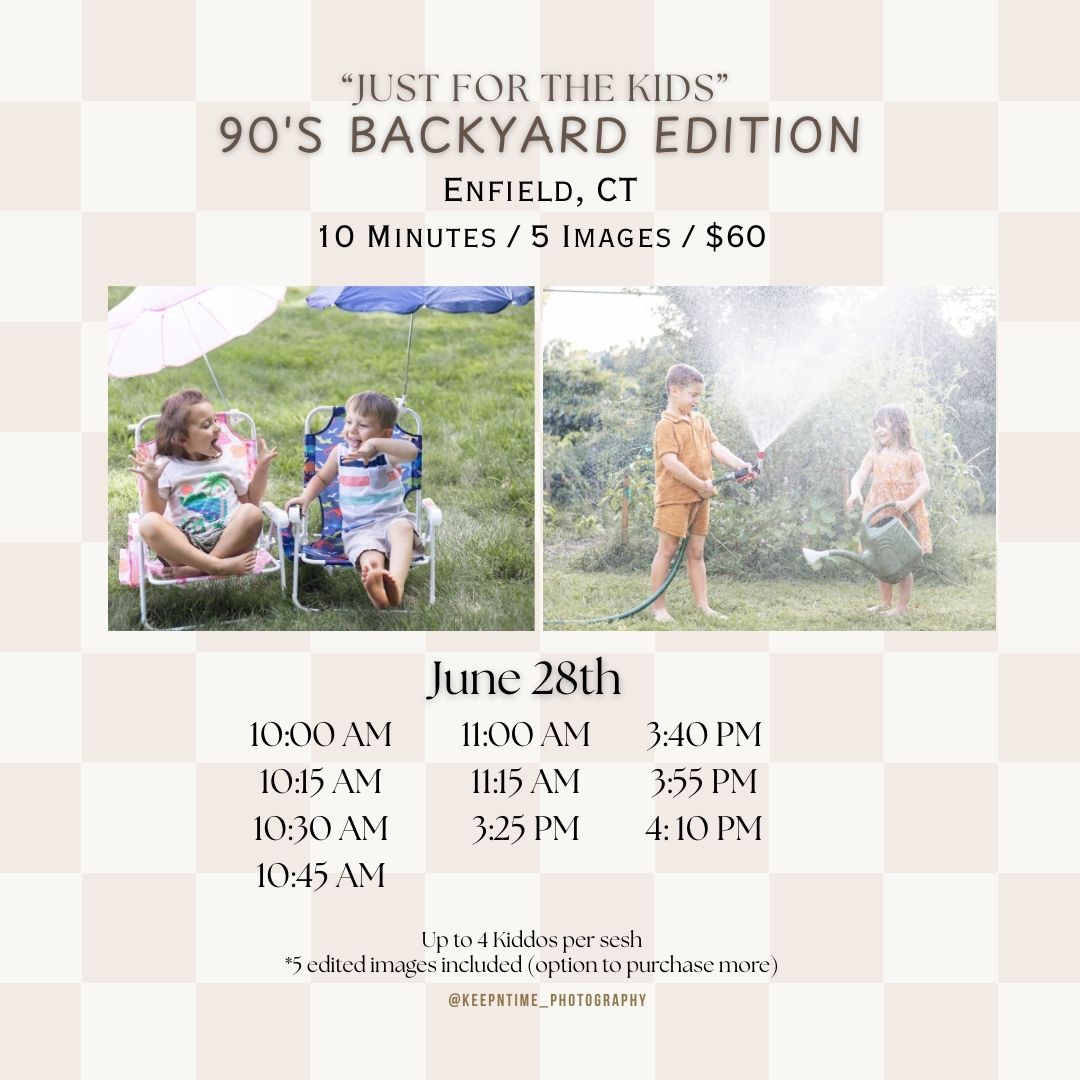 Promotional flyer for 90's themed backyard photo sessions with sample images and scheduling times.