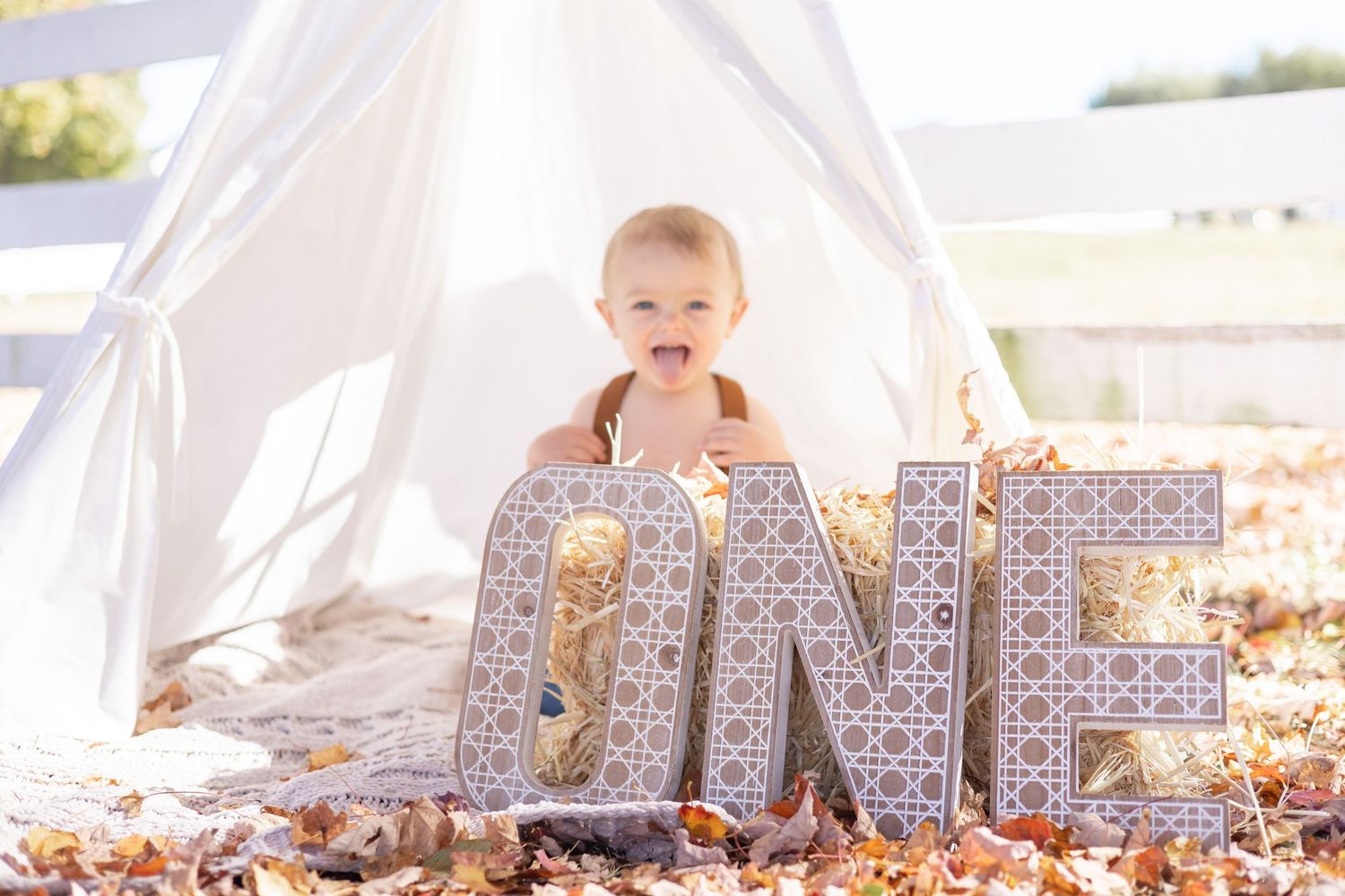 Wooden alphabet blocks spell out decorative text among scattered autumn leaves on a white blanket outdoors.
