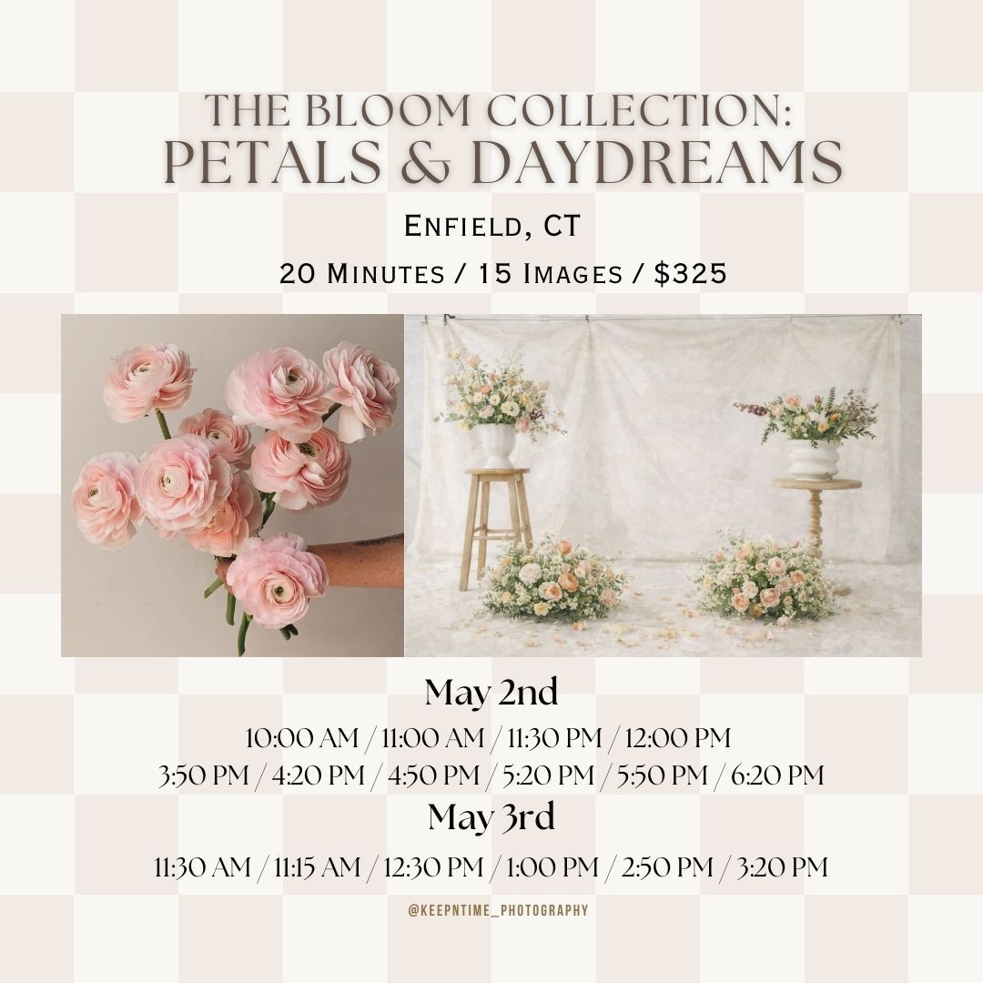 Marketing header for The Bloom Collection: Petals & Daydreams photo sessions featuring pink roses and session times.